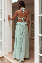 Strapless Rosette Bandeau Cut Out Waist Cascading Ruffle Chiffon Maxi Dress