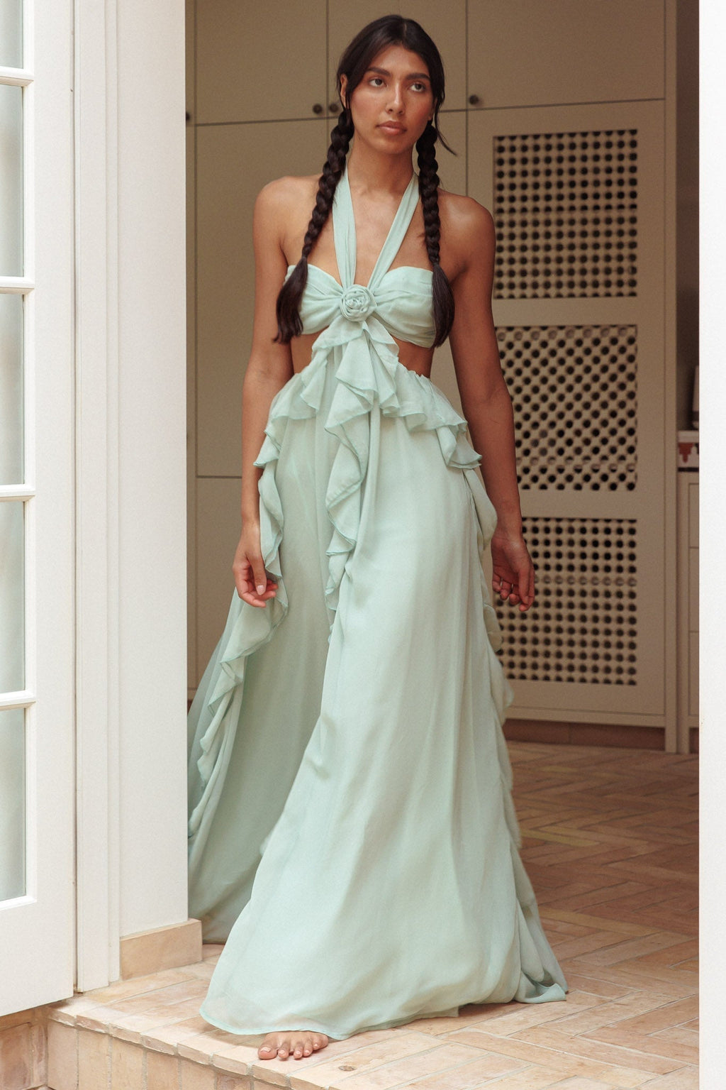Strapless Rosette Bandeau Cut Out Waist Cascading Ruffle Chiffon Maxi Dress