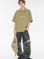 Simple Slogan Collared Casual Mid-sleeve T-shirt