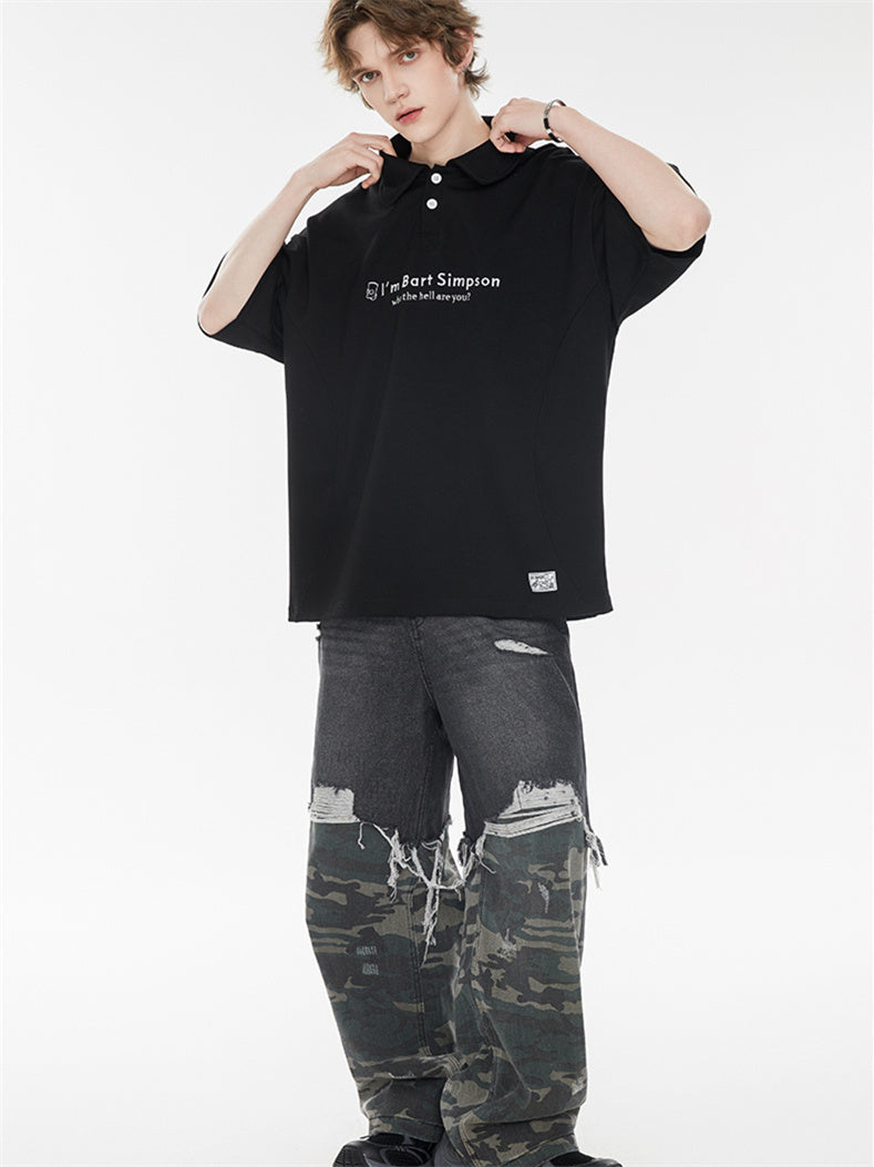 Simple Slogan Collared Casual Mid-sleeve T-shirt