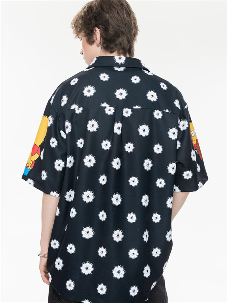 Black And White Color-blocked Cartoon Loose Collar Shirt