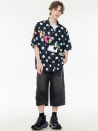 Black And White Color-blocked Cartoon Loose Collar Shirt