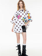 Black And White Color-blocked Cartoon Loose Collar Shirt
