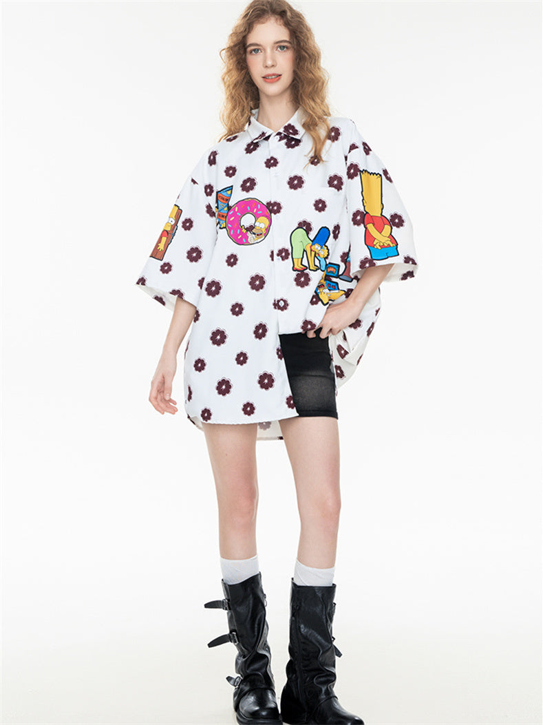 Black And White Color-blocked Cartoon Loose Collar Shirt