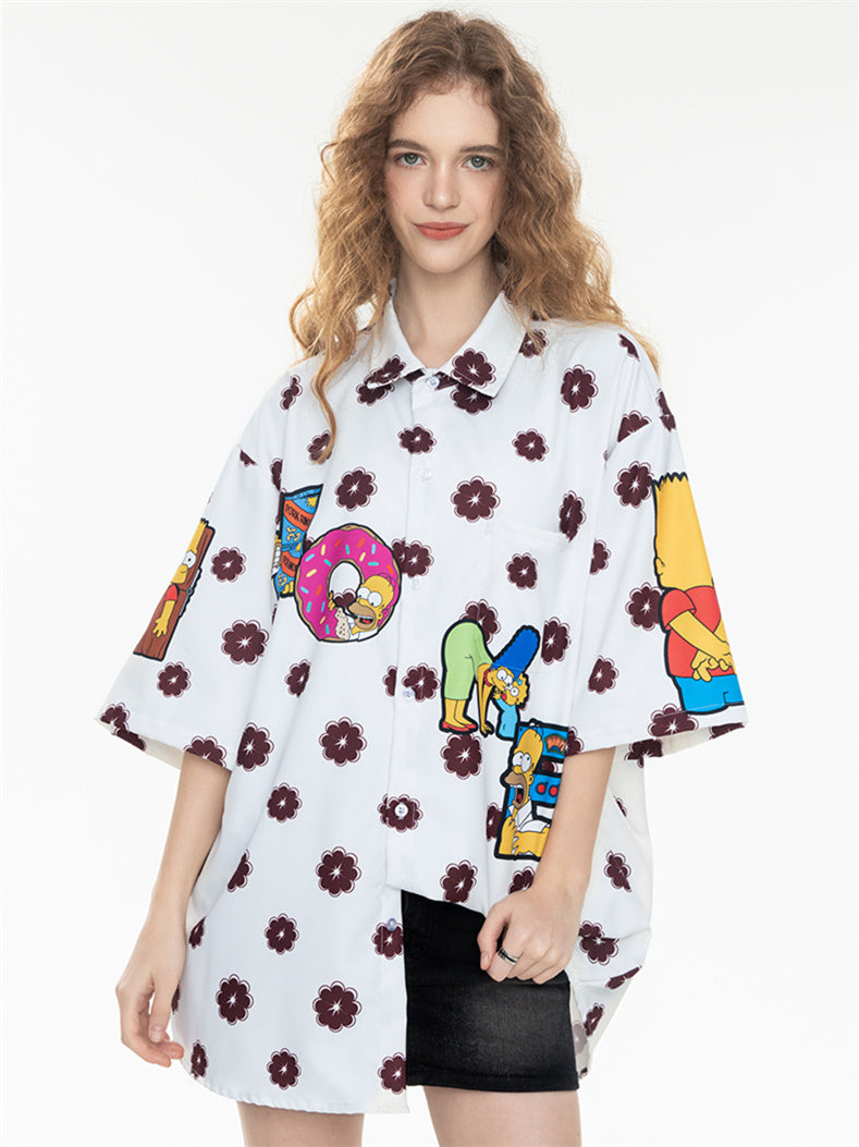 Black And White Color-blocked Cartoon Loose Collar Shirt