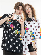 Black And White Color-blocked Cartoon Loose Collar Shirt