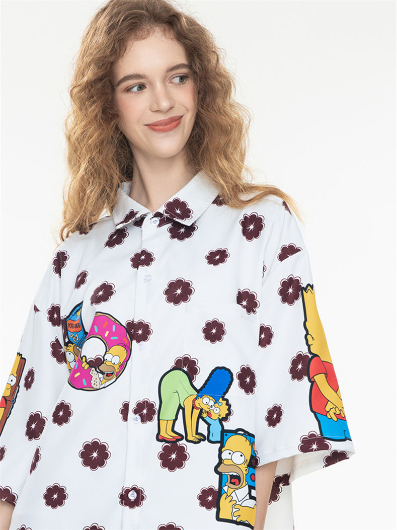Black And White Color-blocked Cartoon Loose Collar Shirt