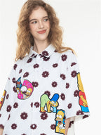 Black And White Color-blocked Cartoon Loose Collar Shirt