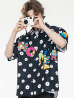 Black And White Color-blocked Cartoon Loose Collar Shirt
