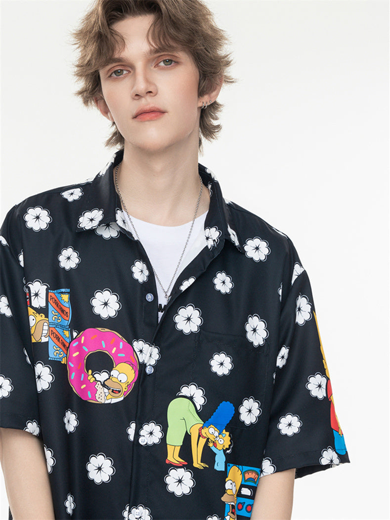 Black And White Color-blocked Cartoon Loose Collar Shirt