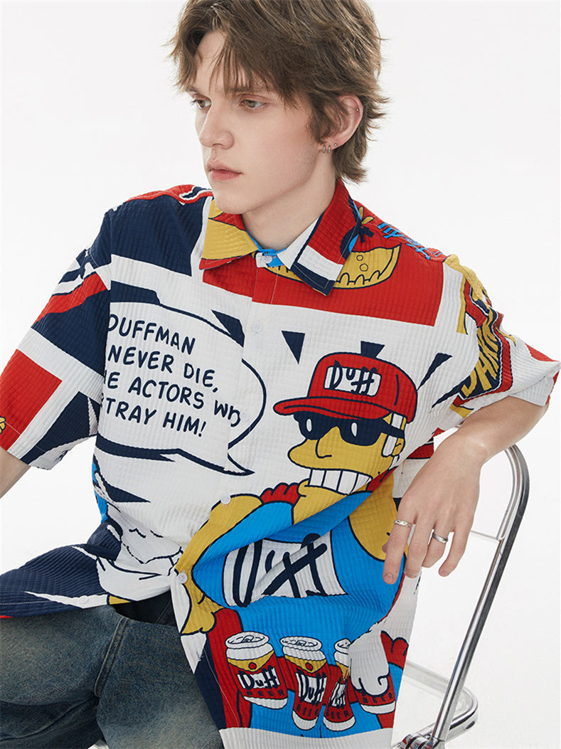 American Retro Cartoon Color-blocked Collared Shirt