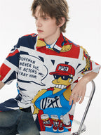American Retro Cartoon Color-blocked Collared Shirt
