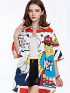 American Retro Cartoon Color-blocked Collared Shirt