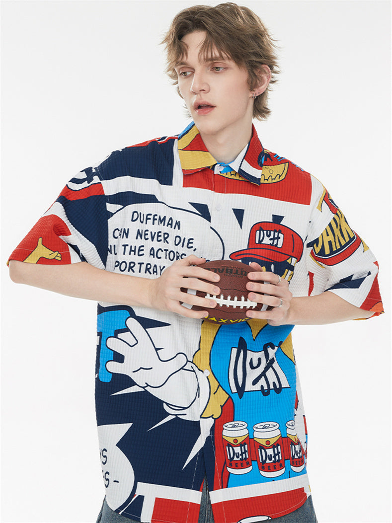 American Retro Cartoon Color-blocked Collared Shirt
