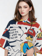 American Retro Cartoon Color-blocked Collared Shirt