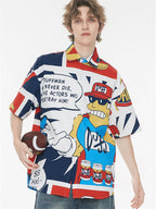 American Retro Cartoon Color-blocked Collared Shirt