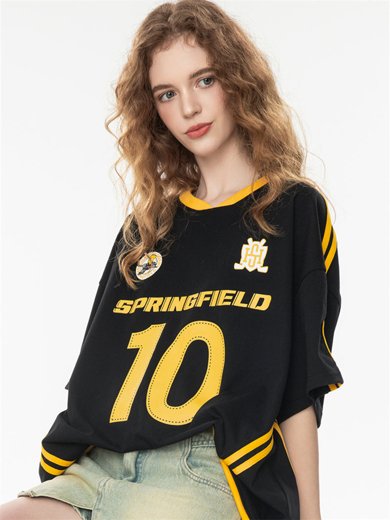 Sweet And Cool Girl Loose V-neck Sports Jersey T-shirt