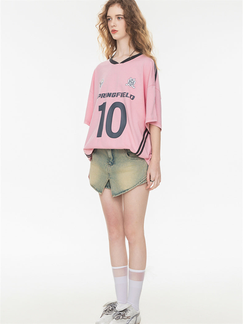Sweet And Cool Girl Loose V-neck Sports Jersey T-shirt