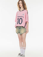 Sweet And Cool Girl Loose V-neck Sports Jersey T-shirt