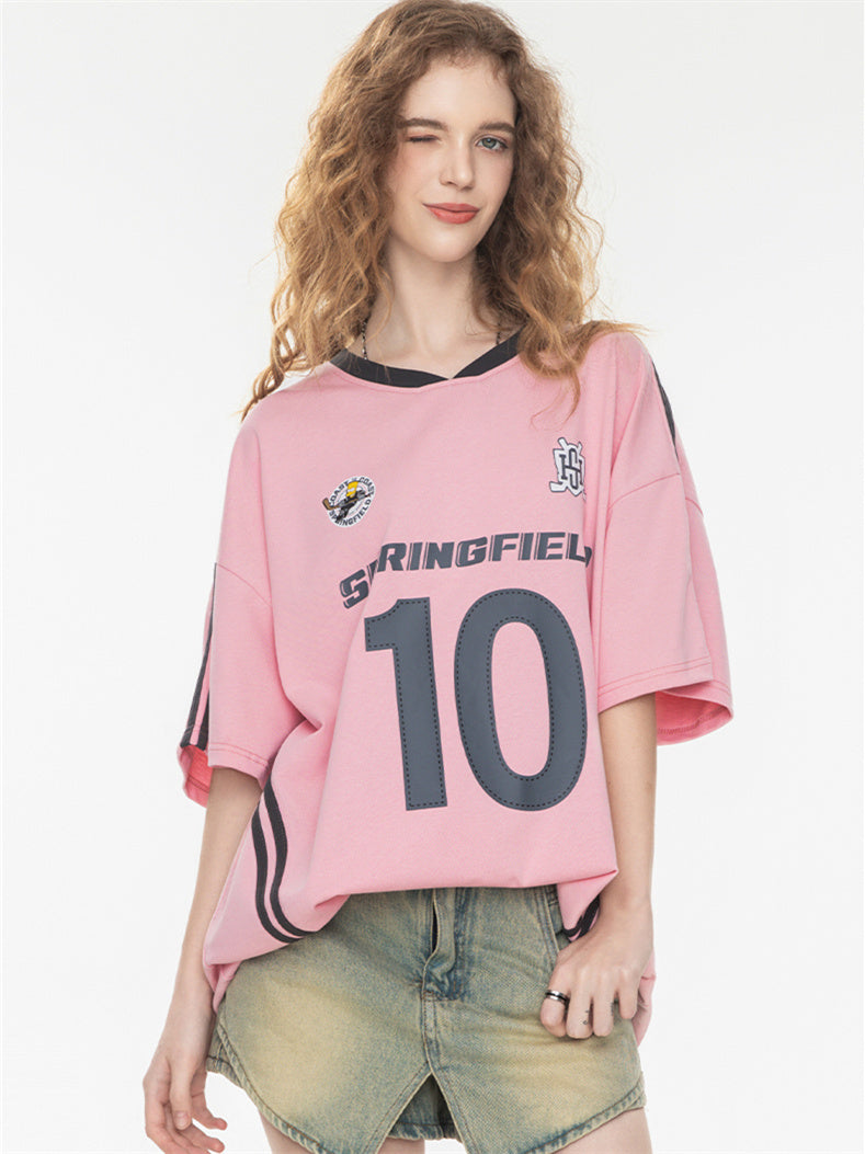 Sweet And Cool Girl Loose V-neck Sports Jersey T-shirt