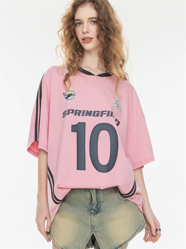 Sweet And Cool Girl Loose V-neck Sports Jersey T-shirt