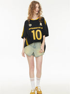 Sweet And Cool Girl Loose V-neck Sports Jersey T-shirt