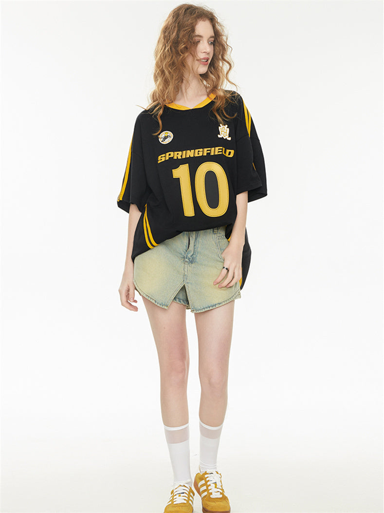 Sweet And Cool Girl Loose V-neck Sports Jersey T-shirt