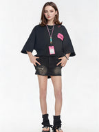 Black And Pink Color-blocked Short-sleeved T-shirt With Detachable Pockets