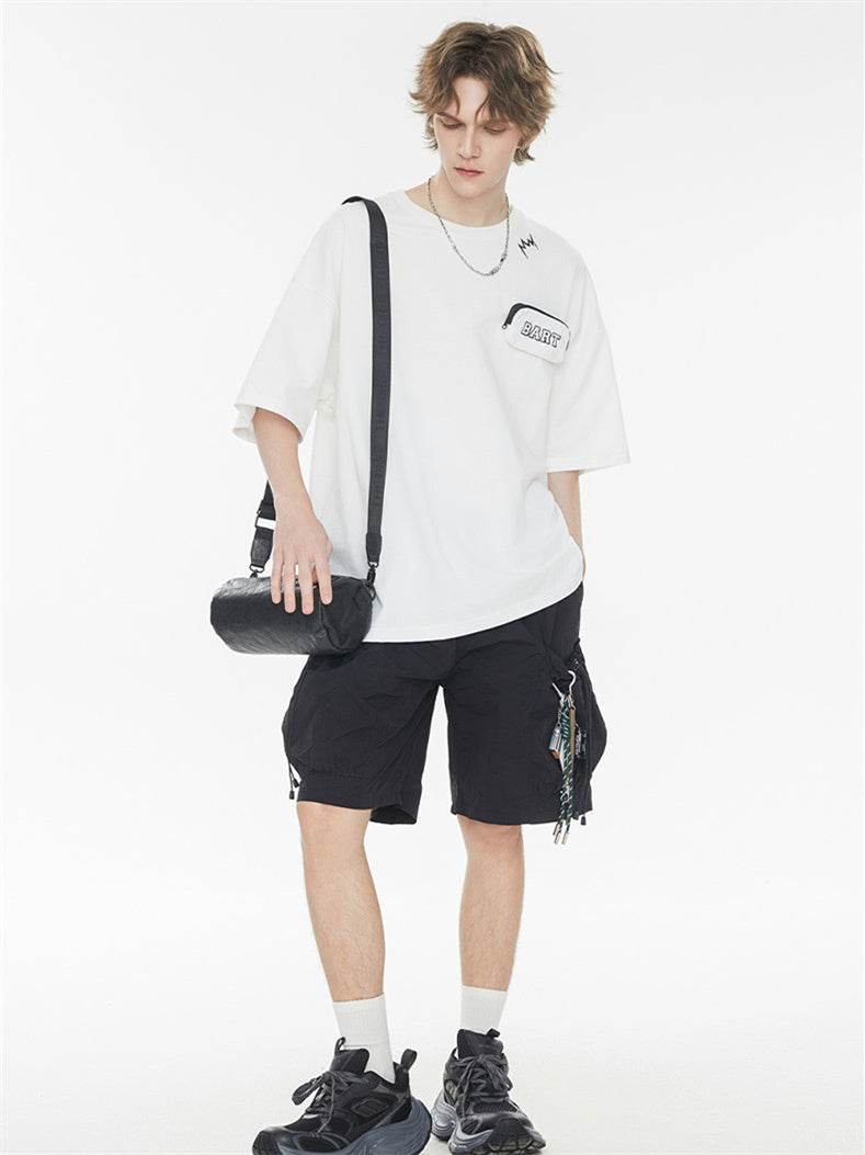 Black And Pink Color-blocked Short-sleeved T-shirt With Detachable Pockets