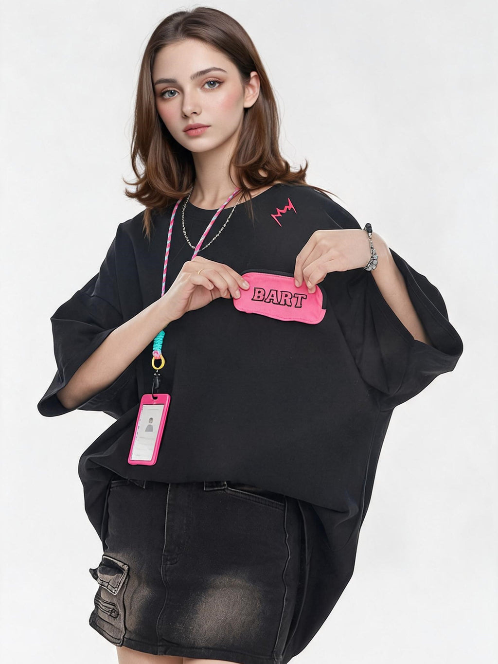 Black And Pink Color-blocked Short-sleeved T-shirt With Detachable Pockets