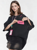 Black And Pink Color-blocked Short-sleeved T-shirt With Detachable Pockets