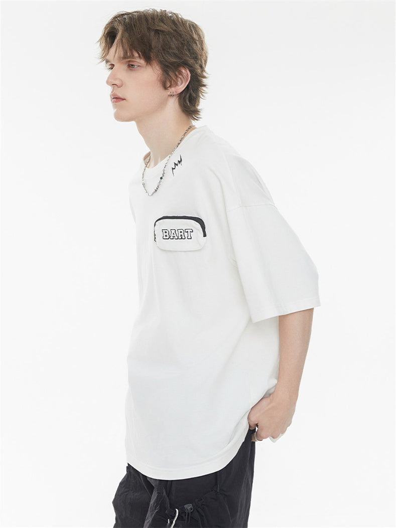 Black And Pink Color-blocked Short-sleeved T-shirt With Detachable Pockets