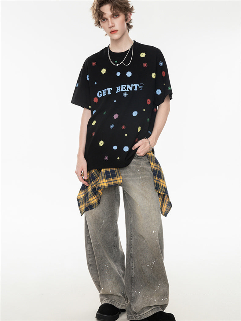 All-over Floral Print Loose-fitting Short-sleeved T-shirt For Couples