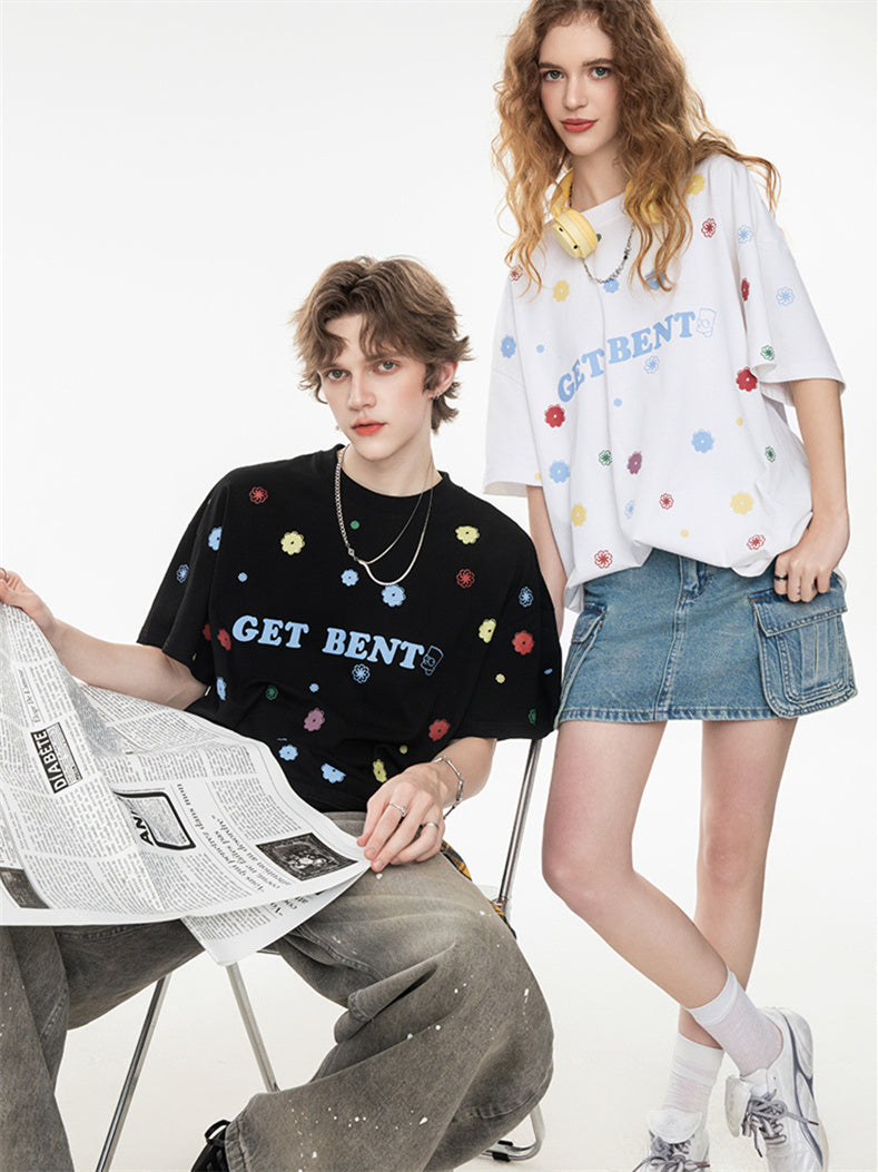 All-over Floral Print Loose-fitting Short-sleeved T-shirt For Couples