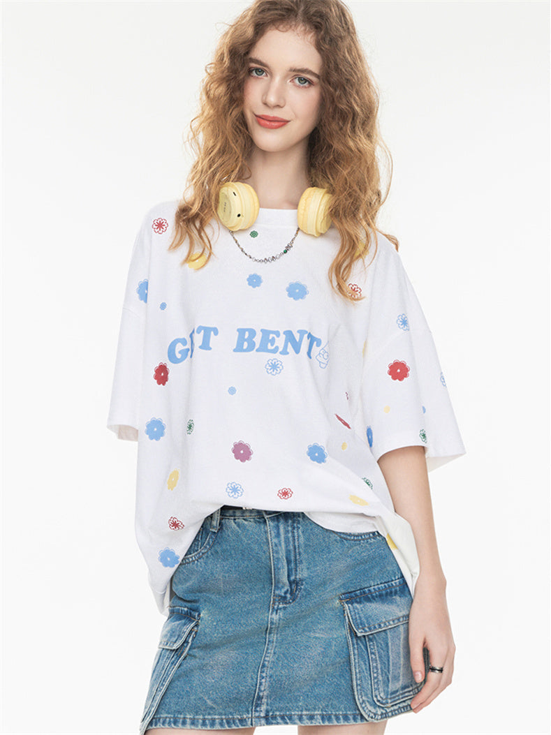 All-over Floral Print Loose-fitting Short-sleeved T-shirt For Couples