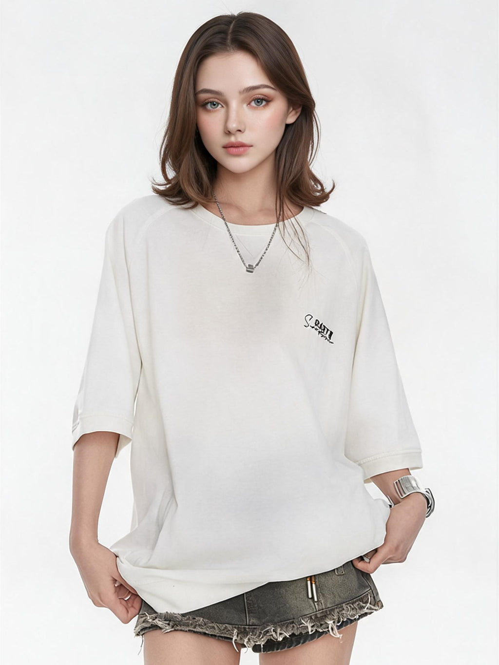 Raglan Sleeve Small Letter Loose Three-quarter Sleeve T-shirt
