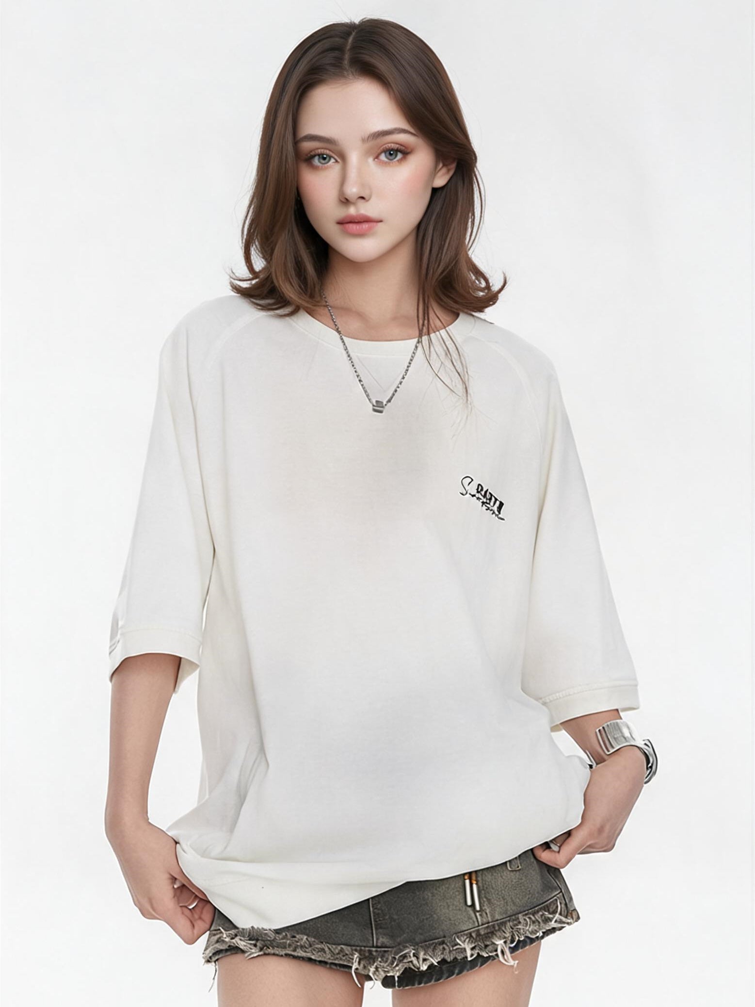 Raglan Sleeve Small Letter Loose Three-quarter Sleeve T-shirt