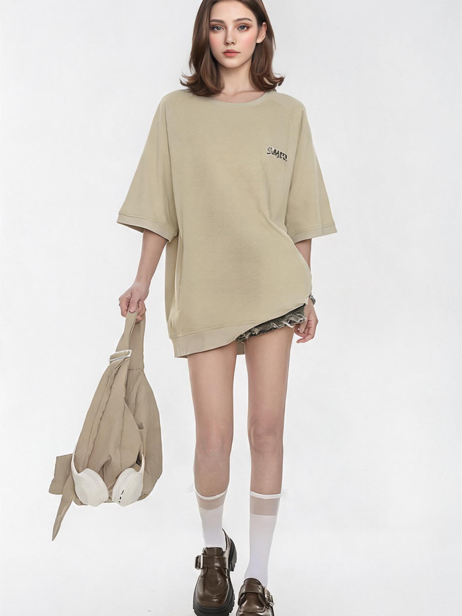 Raglan Sleeve Small Letter Loose Three-quarter Sleeve T-shirt