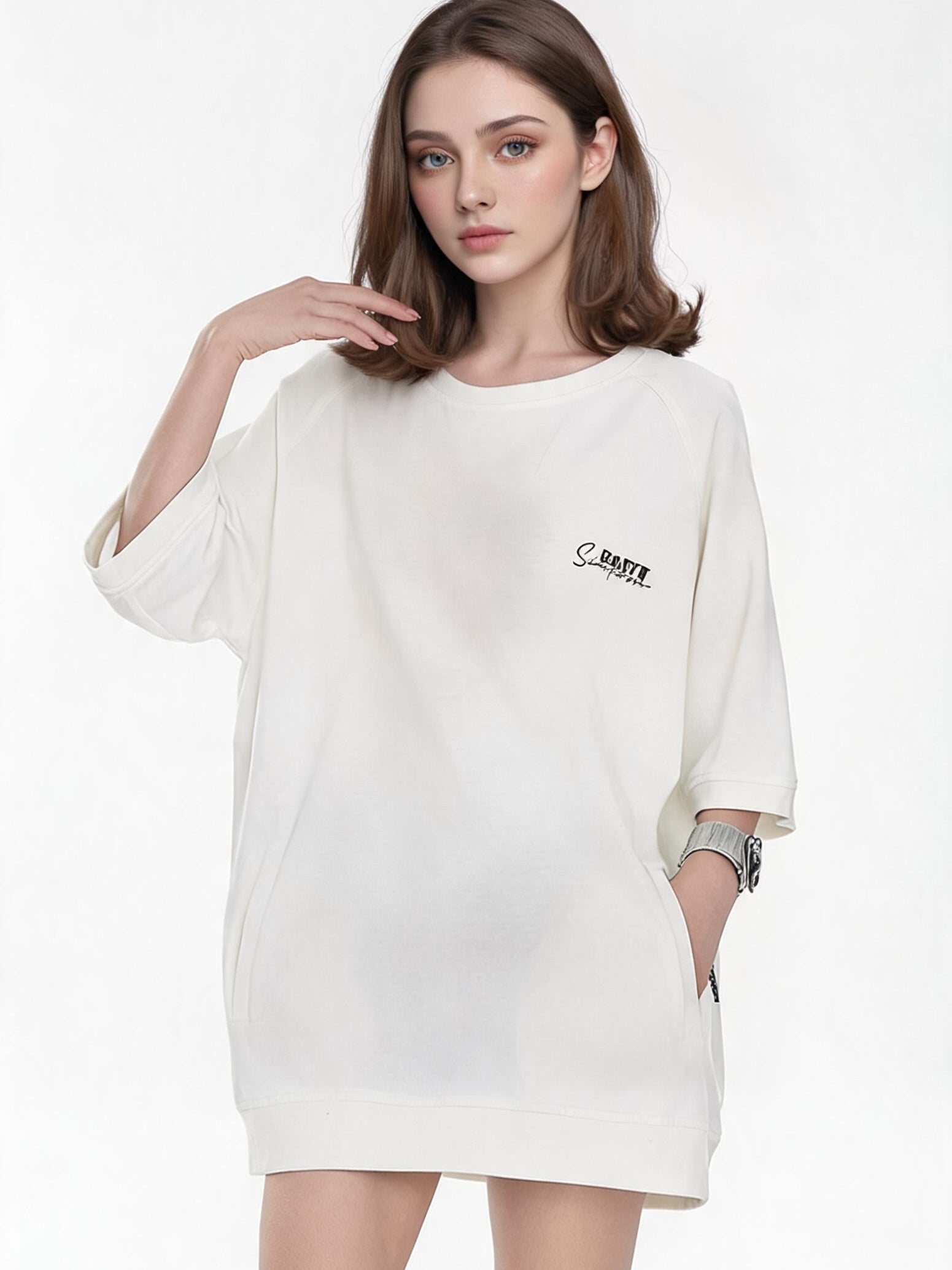 Raglan Sleeve Small Letter Loose Three-quarter Sleeve T-shirt