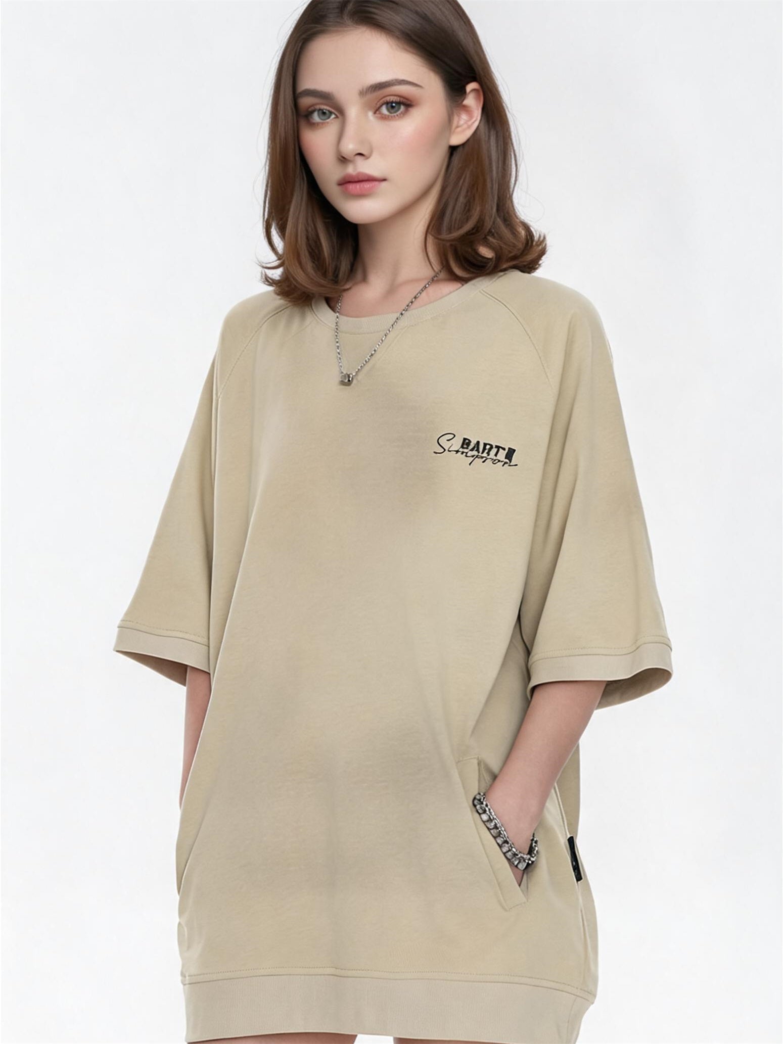 Raglan Sleeve Small Letter Loose Three-quarter Sleeve T-shirt