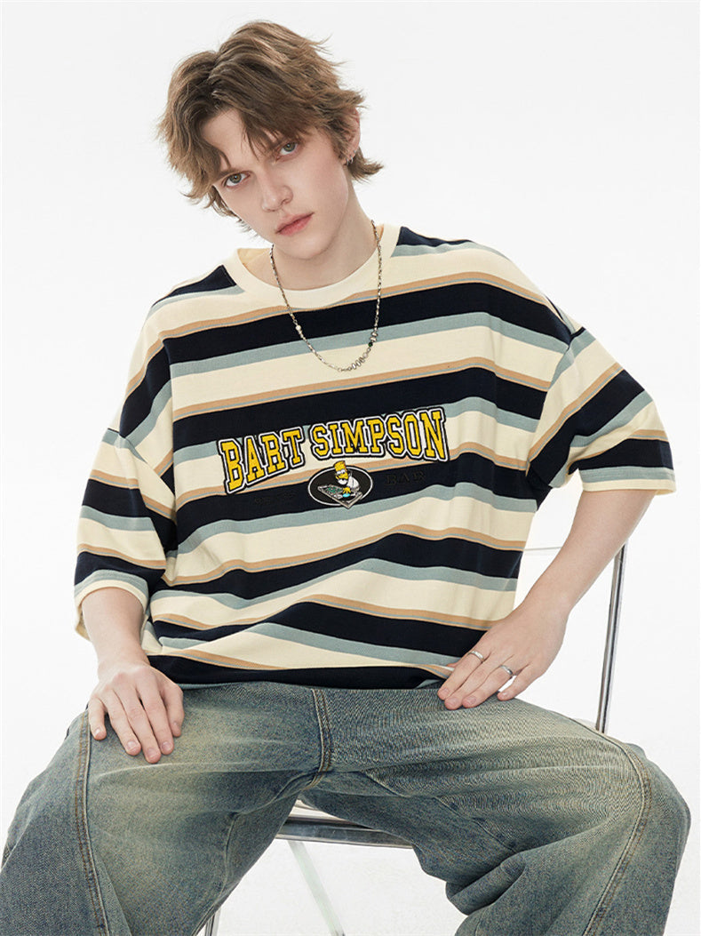 The Simpsons Cartoon Striped Loose Short-sleeved T-shirt