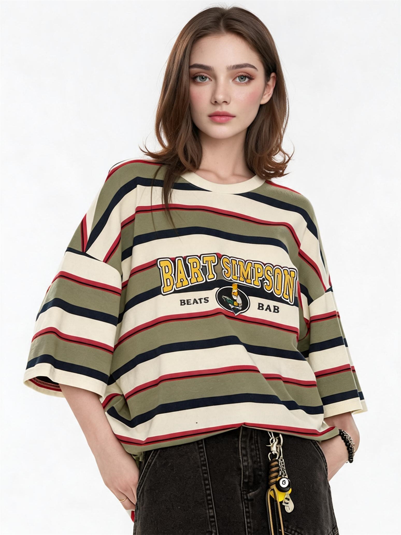 The Simpsons Cartoon Striped Loose Short-sleeved T-shirt
