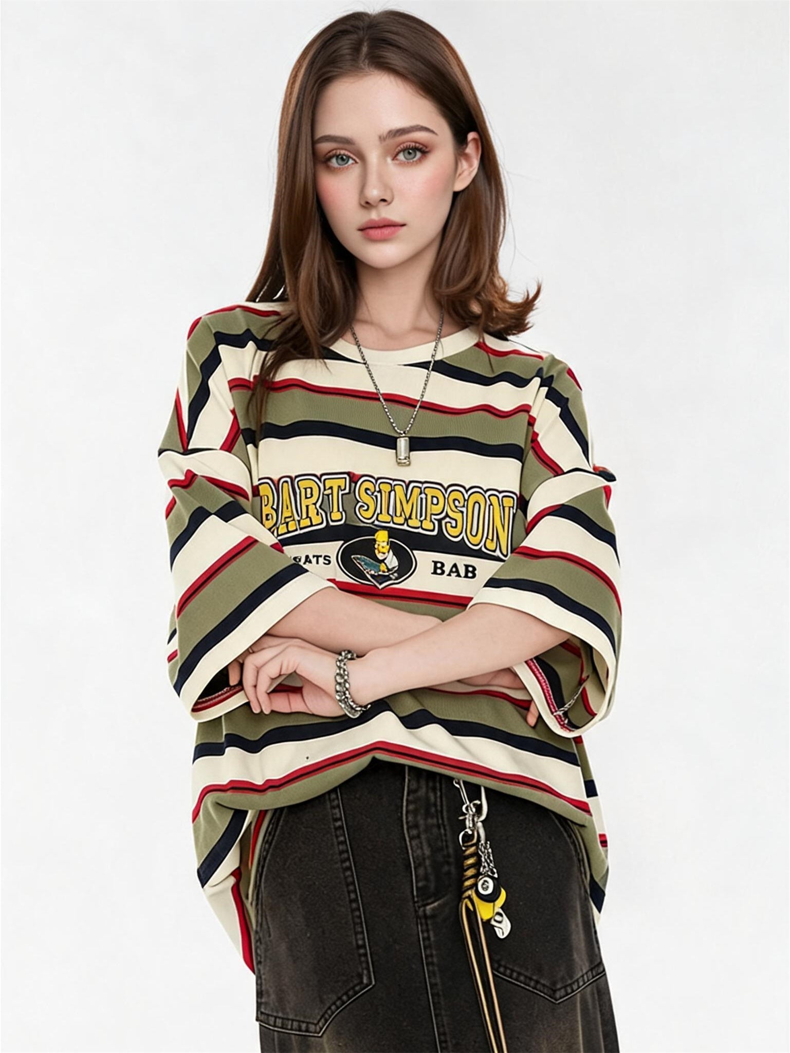 The Simpsons Cartoon Striped Loose Short-sleeved T-shirt