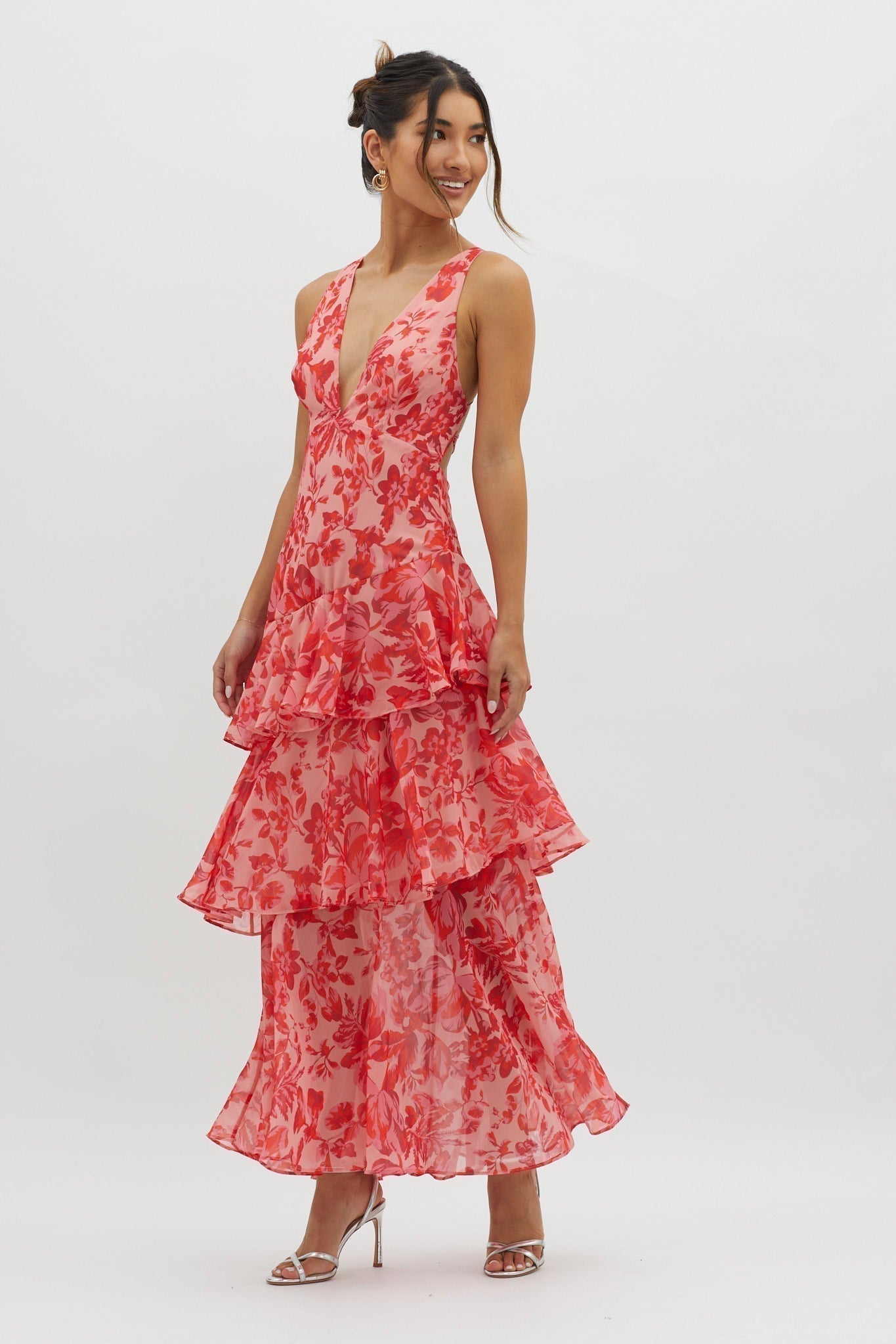Floral Print Deep V Neck Tiered Ruffle Maxi Dress