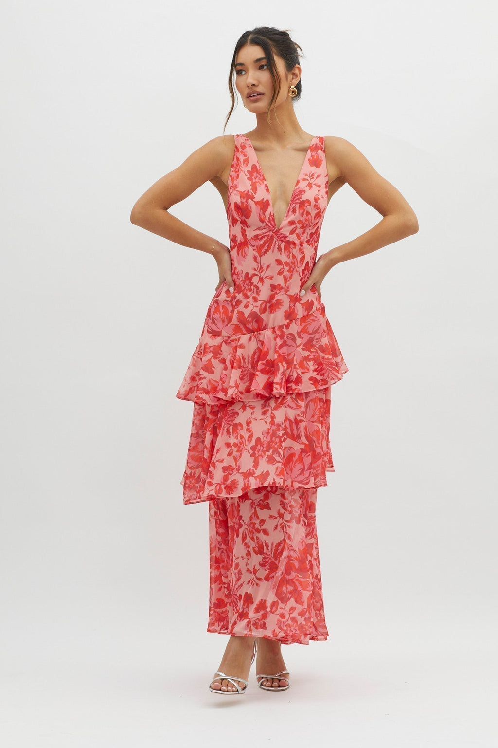 Floral Print Deep V Neck Tiered Ruffle Maxi Dress