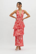 Floral Print Deep V Neck Tiered Ruffle Maxi Dress