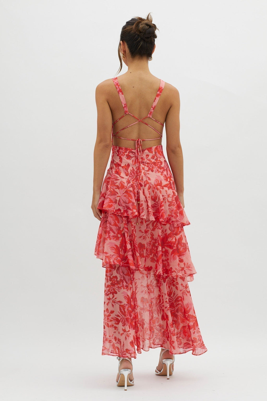 Floral Print Deep V Neck Tiered Ruffle Maxi Dress