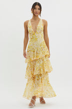 Floral Print Deep V Neck Tiered Ruffle Maxi Dress