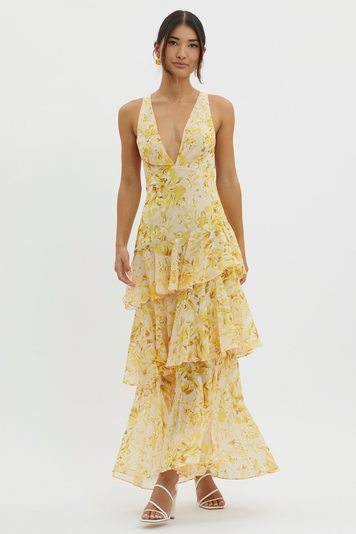 Floral Print Deep V Neck Tiered Ruffle Maxi Dress