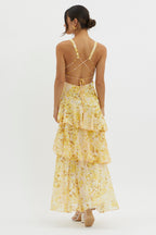 Floral Print Deep V Neck Tiered Ruffle Maxi Dress